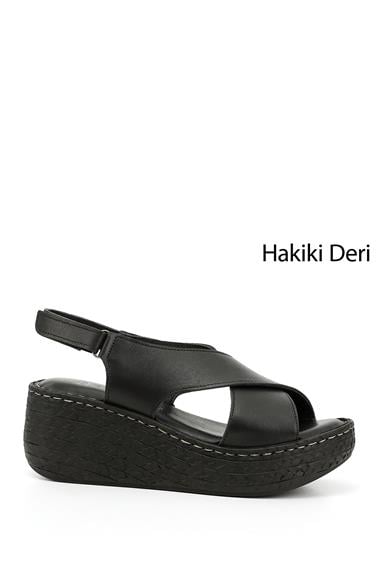Kadın Siyah Cırt Bantlı Dolgu Topuk Hakiki Deri Sandalet
