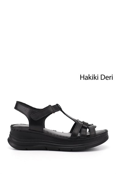 Kadın Siyah Cırt Bantlı Dolgu Topuk Hakiki Deri Sandalet