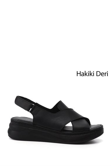 Kadın Siyah Cırt Bantlı Dolgu Topuk Hakiki Deri Comfort Sandalet