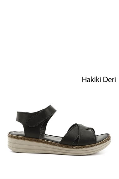 Kadın Siyah Cırt Bantlı Dolgu Topuk Hakiki Deri Comfort Sandalet