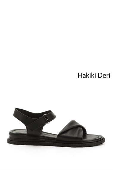 Kadın Siyah Cırt Bantlı Hakiki Deri Sandalet