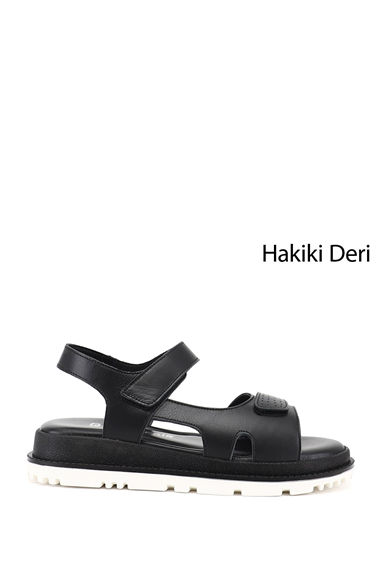 Kadın Siyah Cırt Bantlı Hakiki Deri Sandalet