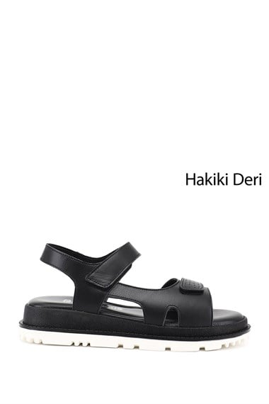 Kadın Siyah Cırt Bantlı Hakiki Deri Sandalet
