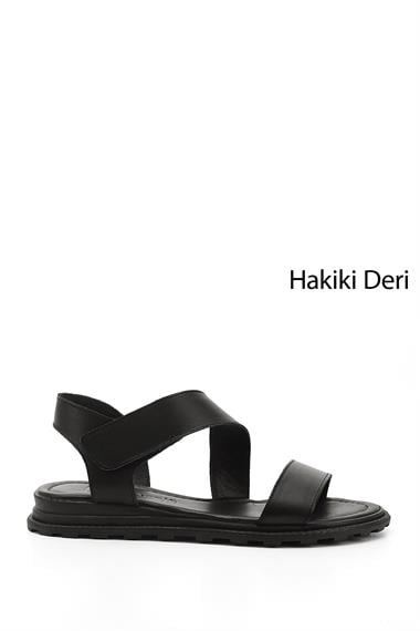 Kadın Siyah Cırt Bantlı Hakiki Deri Sandalet
