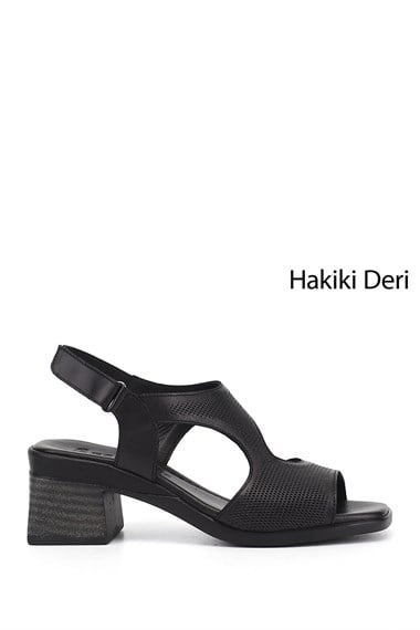 Kadın Siyah Cırt Bantlı Kalın Topuklu Hakiki Deri Sandalet