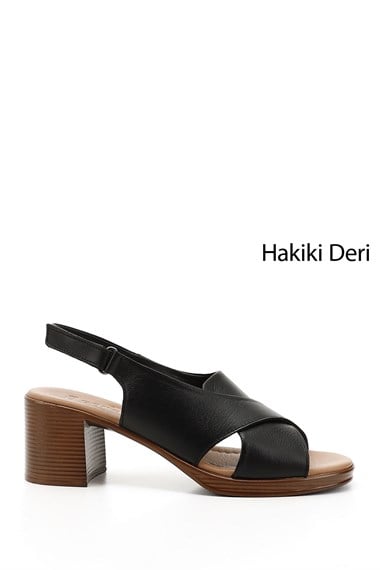 Kadın Siyah Cırt Bantlı Kalın Topuklu Hakiki Deri Sandalet