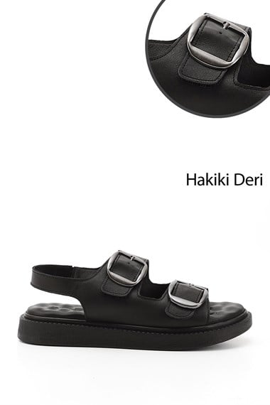 Kadın Siyah Cırtlı Tokalı Dolgu Taban Hakiki Deri Comfort Sandalet