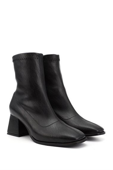 Womens Black Zippered Blunt Toe Thick Heel Stretch Boots