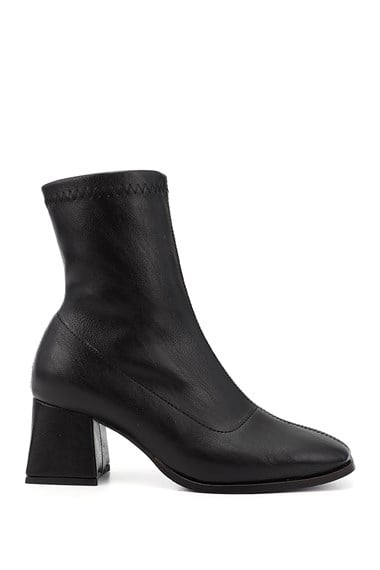 Womens Black Zippered Blunt Toe Thick Heel Stretch Boots