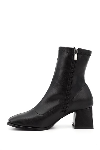 Womens Black Zippered Blunt Toe Thick Heel Stretch Boots