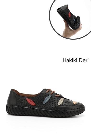 Kadın Siyah Dolgu Taban Bağcıklı Hakiki Deri Comfort Ayakkabı