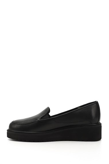 Womens Black Wedge Sole Genuine Leather Shoes