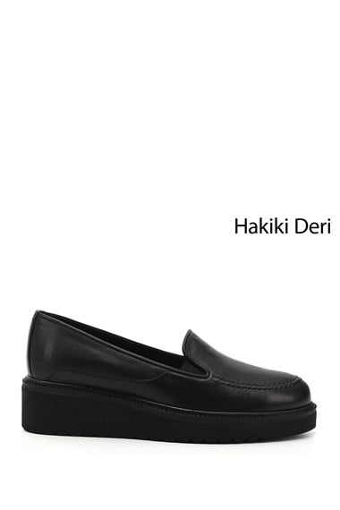 Womens Black Wedge Sole Genuine Leather Shoes