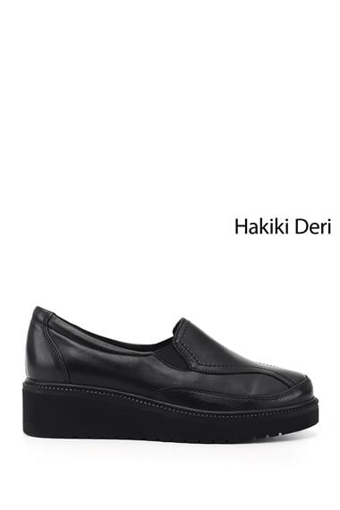 Kadın Siyah Dolgu Taban Hakiki Deri Ayakkabı