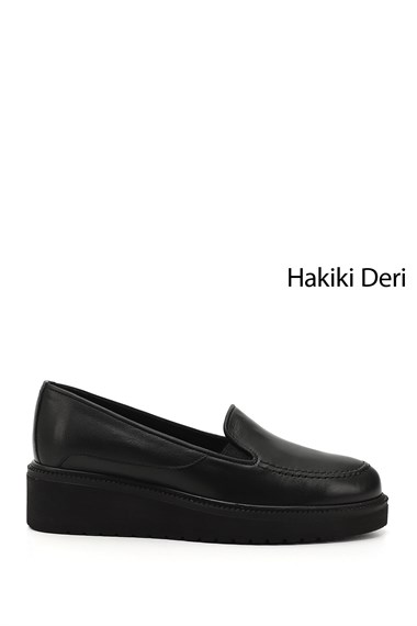 Kadın Siyah Dolgu Taban Hakiki Deri Ayakkabı