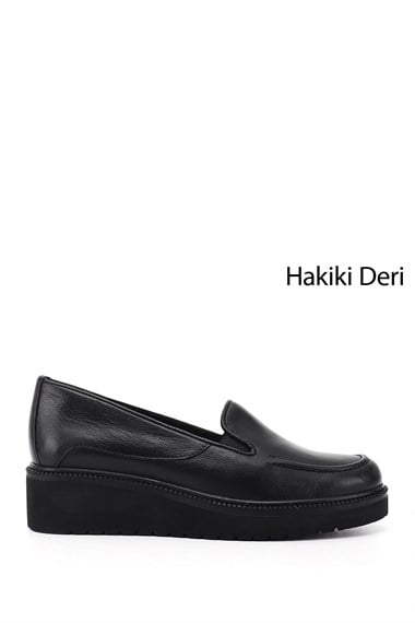 Kadın Siyah Dolgu Taban Hakiki Deri Ayakkabı