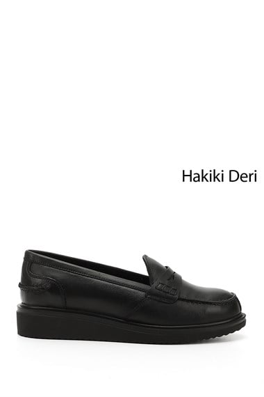 Kadın Siyah Dolgu Taban Hakiki Deri Loafer Ayakkabı