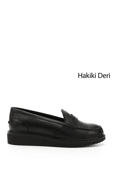 Kadın Siyah Dolgu Taban Hakiki Deri Loafer Ayakkabı