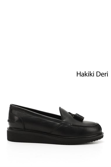 Kadın Siyah Dolgu Taban Hakiki Deri Loafer Ayakkabı