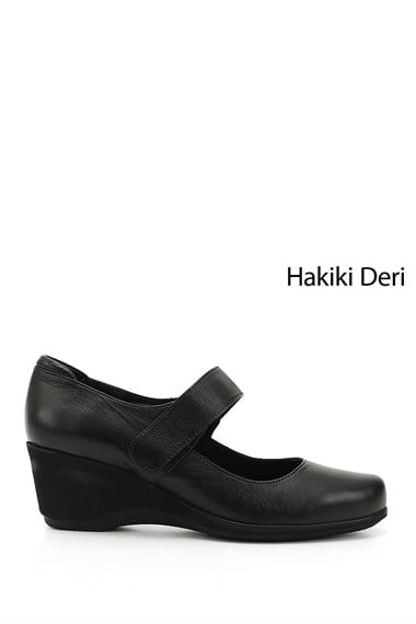 Womens Black Wedge Sole Genuine Leather Shoes
