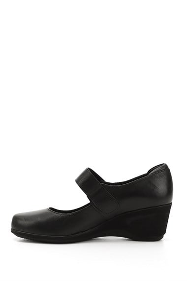 Womens Black Wedge Sole Genuine Leather Shoes