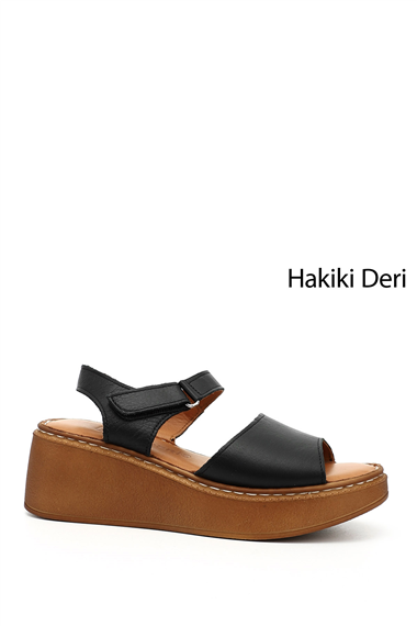 Kadın Siyah Dolgu Taban Hakiki Deri Sandalet
