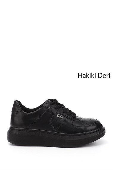 Kadın Siyah Dolgu Taban Hakiki Deri Sneaker