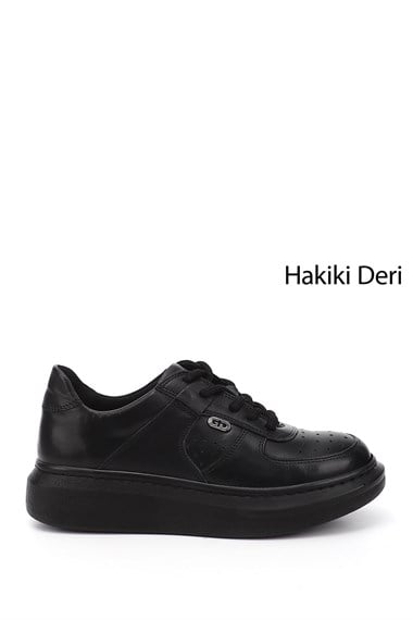 Kadın Siyah Dolgu Taban Hakiki Deri Sneaker