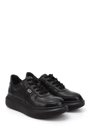 Kadın Siyah Dolgu Taban Hakiki Deri Sneaker