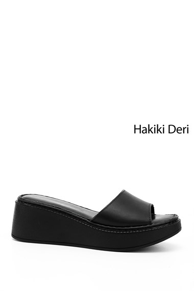 Kadın Siyah Dolgu Taban Hakiki Deri Terlik
