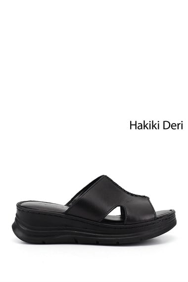 Kadın Siyah Dolgu Taban Hakiki Deri Terlik