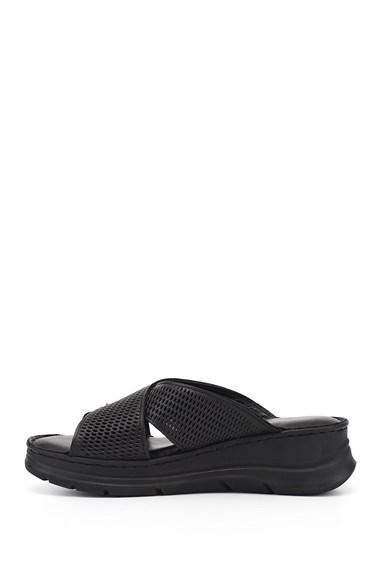 Kadın Siyah Dolgu Taban Hakiki Deri Terlik