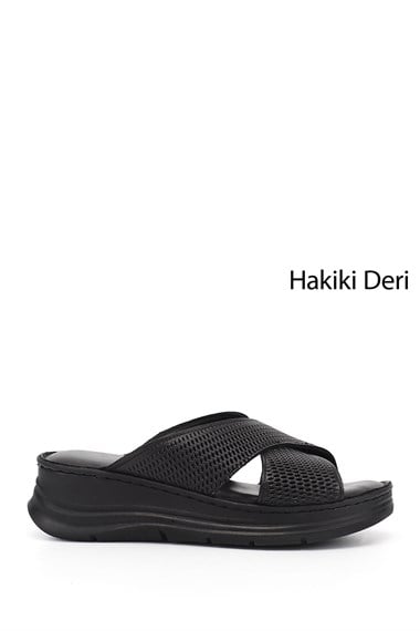 Kadın Siyah Dolgu Taban Hakiki Deri Terlik