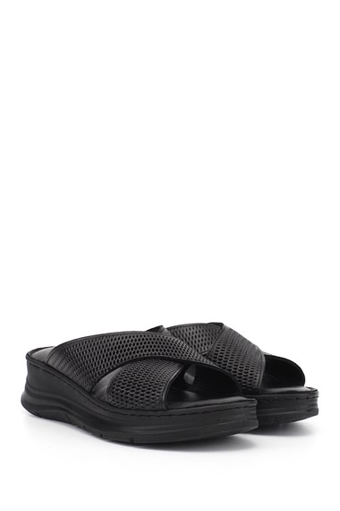 Kadın Siyah Dolgu Taban Hakiki Deri Terlik