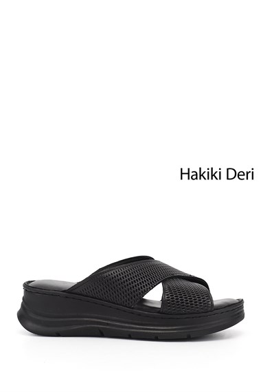 Kadın Siyah Dolgu Taban Hakiki Deri Terlik