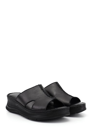 Kadın Siyah Dolgu Taban Hakiki Deri Terlik