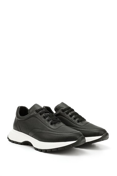 Kadın Siyah Dolgu Taban Lastik Bağcıklı Hakiki Deri Sneaker