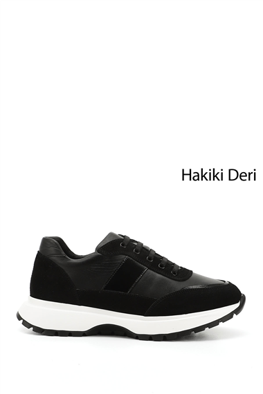 Kadın Siyah Dolgu Taban Lastik Bağcıklı Hakiki Deri Sneaker