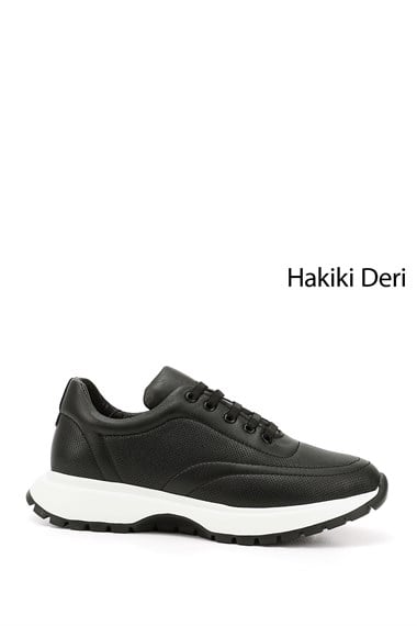 Kadın Siyah Dolgu Taban Lastik Bağcıklı Hakiki Deri Sneaker