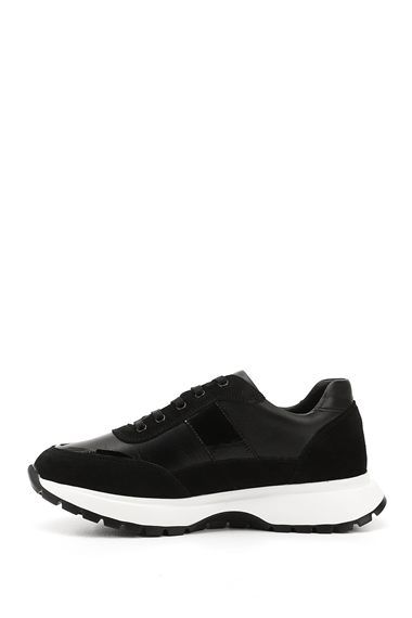Kadın Siyah Dolgu Taban Lastik Bağcıklı Hakiki Deri Sneaker