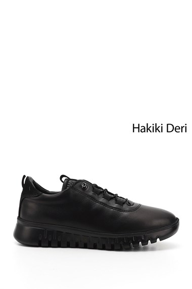Kadın Siyah Dolgu Taban Lastik Bağcıklı Hakiki Deri Sneaker