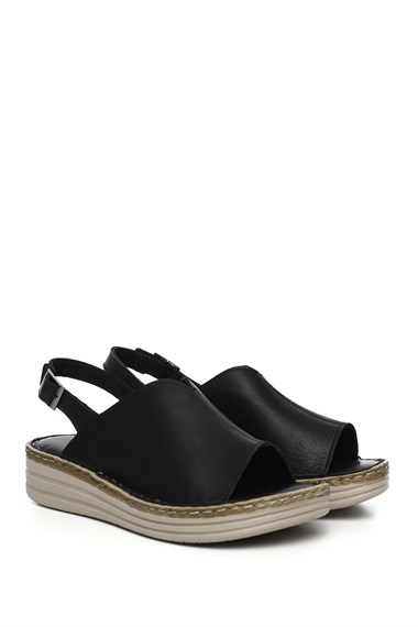 Kadın Siyah Dolgu Topuk Hakiki Deri Comfort Sandalet