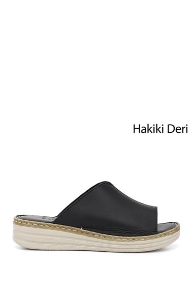 Kadın Siyah Dolgu Topuk Hakiki Deri Comfort Terlik