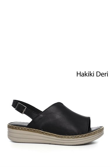Kadın Siyah Dolgu Topuk Hakiki Deri Comfort Sandalet