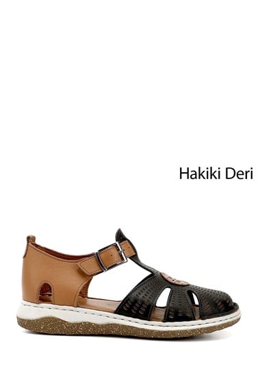 Kadın Siyah Dolgu Topuk Hakiki Deri Sandalet