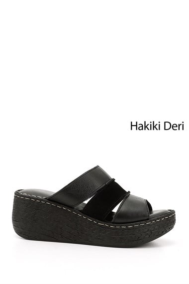 Kadın Siyah Dolgu Topuk Hakiki Deri Terlik