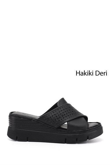 Kadın Siyah Dolgu Topuklu Hakiki Deri Terlik