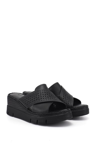 Kadın Siyah Dolgu Topuklu Hakiki Deri Terlik