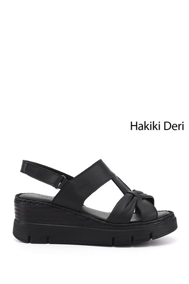 Kadın Siyah Dolgu Topuklu Hakiki Deri Sandalet