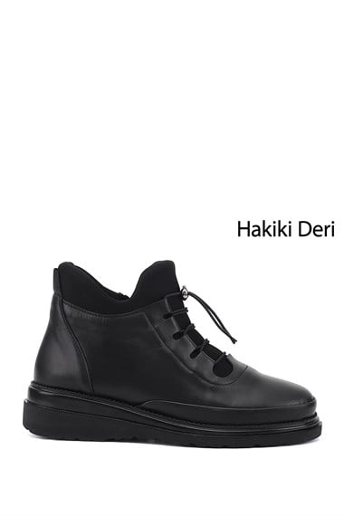 Kadın Siyah Fermuarlı Bağcıklı Hakiki Deri Bot